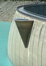 Spillway funnel at the dam wall of the Moiry reservoir, Lac de Moiry, Val d'Anniviers, Valais,