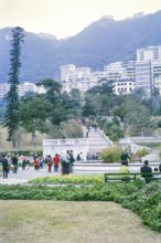 View up to Peak Tram station at Mid Levels, Botanical Gardens, Hong Kong, Asia, 1964
