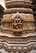 Sculpture on a pillar in the Jain temple Chandraprabhu in the fortress in Jaisalmer, Rajasthan,