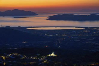 Panoramic picture at sunset with illuminated landscape features and clear perspective, salt lake,