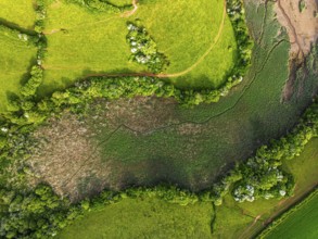 Top Down over Marshes over River Dart from a drone, Stoke Gabriel, Totnes, Devon, England, United