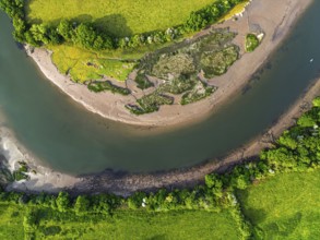 Top Down over Marshes over River Dart from a drone, Stoke Gabriel, Totnes, Devon, England, United