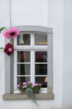 Window with flower pots and decorative pink flowers on a white house facade, Germany