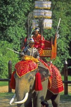 Decorated war elephant at Samphran Elephant Ground and Zoo near Bangkok, Thailand, December 2002,