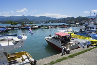 A busy port with adjacent yachts and boats, mountains and blue sky in the background, Batumi, Black