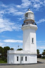 White lighthouse against a blue sky with some clouds and palm trees in the background, lighthouse,