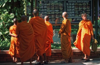 Monks at Samphran Elephant Ground and Zoo near Bangkok, Thailand, December 2002, vintage, retro,