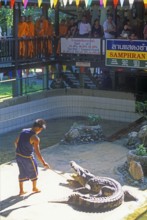 Spectators, monks, performance with crocodiles at Samphran Elephant Ground and Zoo near Bangkok,