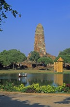 Pond, boat, people, temple ruin in Ayutthaya, Thailand, December 2002, vintage, retro, old,
