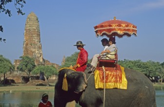 People, tourists, temple ruins, riding on an elephant through ancient sights, Ayutthaya, Thailand,