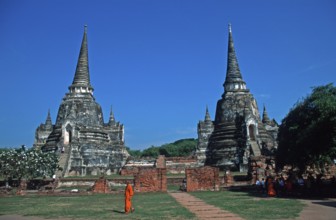 Monks, Chedis at Wat Phra Si Sanphet, Ayutthaya, Thailand, December 2002, vintage, retro, old,