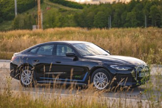 Black car in a field with natural surroundings and road layout, BMW i7 electric car, Deer