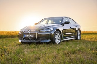 Black car in open field at sunset, natural environment, BMW i7 electric car, Deer E- Carsharing,