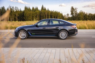 Black car on a road next to a field and forest under a blue sky, BMW i7 electric car, Deer E-
