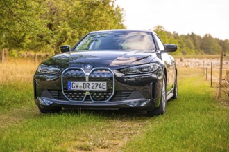 Front view of a black electric car on a green field, surrounded by summer nature, BMW i7 electric