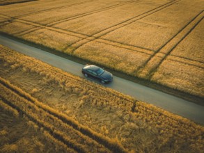 Black car driving on a road between golden fields, geometric lines visible in soft light, BMW i7