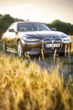 A black car in the golden light of sunset in front of a field, BMW i7 electric car, Deer E-