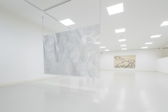 A metal work of art hangs in a minimalistic exhibition space, Schauwerk, Sindelfingen, Germany