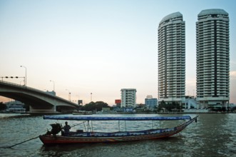 Skyscrapers, longtail boat, Chao Phraya River, Bangkok, Thailand, December 2002, vintage, retro,