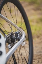 Close-up of the rear pane of a bicycle with focus on the spokes and brake disc, Triathlon, Calw,