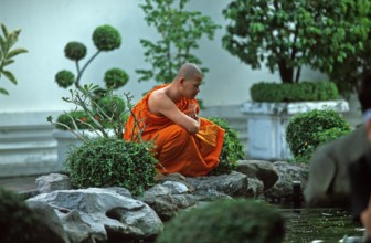 Meditating monk, Wat Pho, Bangkok, Thailand, December 2002, vintage, retro, old, historic