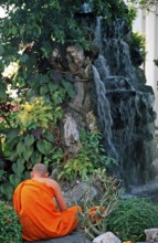 Meditating monk, waterfall, Wat Pho, Bangkok, Thailand, December 2002, vintage, retro, old,
