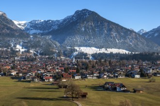 View of Oberstdorf, Schattenberg and Orlen Arena ski jumping hills, Oberstdorf, Oberallgäu, Allgäu,