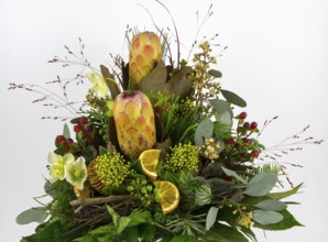 Wide exotic flower arrangement with protea, Christmas rose and berries, decorative and opulent