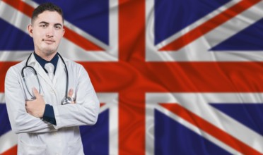 Portrait of medical professional on United Kingdom flag background. British national health system