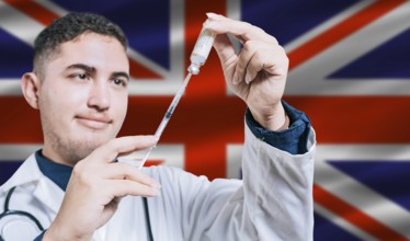 Doctor holding syringe on United Kingdom flag background. Medical professional holding syringe with