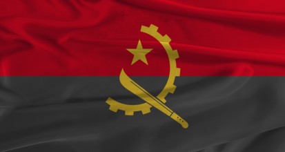 Flag of Angola with fabric textured background. Close up of National flag of Angola with realistic