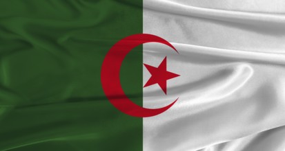 Flag of Algeria with fabric textured background. Close up of National flag of Algeria with