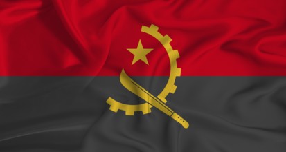 Realistic Angola flag waving. Close up of flag of Angola with cloth texture