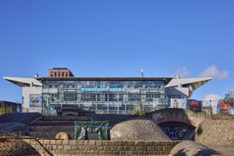 Wunderino Arena multi-purpose hall or former Baltic Sea Hall, fountain complex, brick and paving