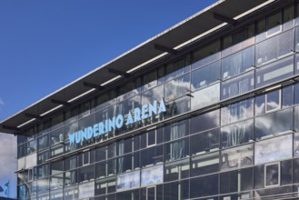 Wunderino Arena multi-purpose hall, glass façade, blue sky, cumulus cloud, Europaplatz, Kiel, state
