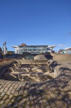 Wunderino Arena multi-purpose hall or former Baltic Sea Hall, pedestrian zone, square, fountain,