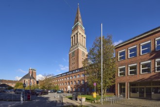 Old town hall, architect Hermann Billing, town hall tower, brick building, brick architecture,