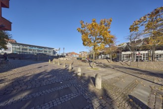 Pedestrian zone, lantern, barrier bollard, trees, autumn leaves, multi-purpose hall Wunderino Arena
