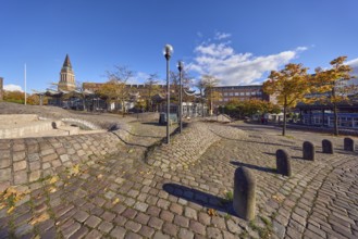 Pedestrian zone, lantern, barrier bollard, cobblestone walkway, general architecture, brick