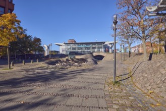 Pedestrian zone, lantern, barrier bollard, multi-purpose hall Wunderino Arena or former Baltic Sea