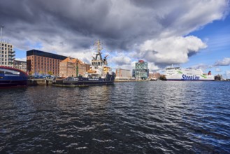 Kiel Fjord, harbour, wharf, ferry Stena Germanica, Stena Line GmbH, harbour tug and sea tug Kiel,