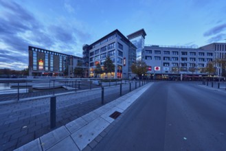 Holstenfleet, water area, commercial building, modern architecture, road, curve, stainless steel