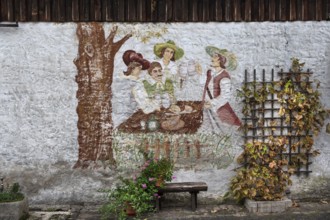 Drinking scene at the time of the Musketeers 17th century, painting on a façade of a farmhouse,