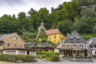 Castle cellar and baroque mountain church in Oybin, Zittau Mountains, Upper Lusatia, Saxony,