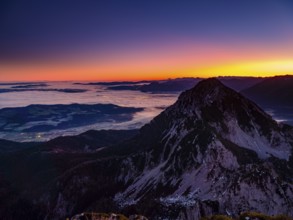 Dawn in the mountains, view of Salzburg with fog, Hochstaufen, Zwiesel, Bad Reichenhall,