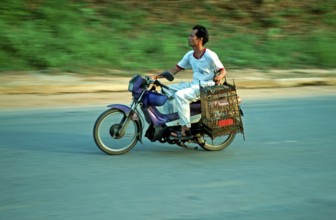 Man on moped holding birdhouses, Krabi, Thailand, December 2002, vintage, retro, old, historic