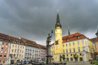 Ritter-Dutschmann-Brunnen and Town Hall on the main market in Bautzen, Upper Lusatia, Saxony,