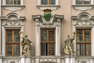 Detail of the baroque Bürgerhaus Hartmannsches Haus on the main market in Bautzen, Upper Lusatia,