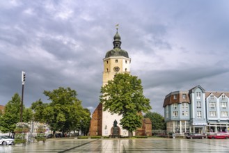 Market square and Paul-Gerhardt church in Lübben in the Spreewald, Brandenburg, Germany