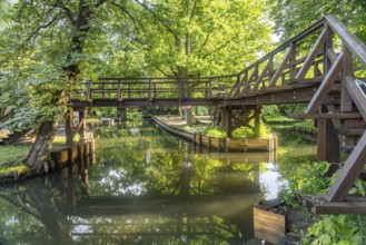Wooden bridge in the open-air museum near Spreewalddorf Lehde, Lübbenau/Spreewald, Brandenburg,